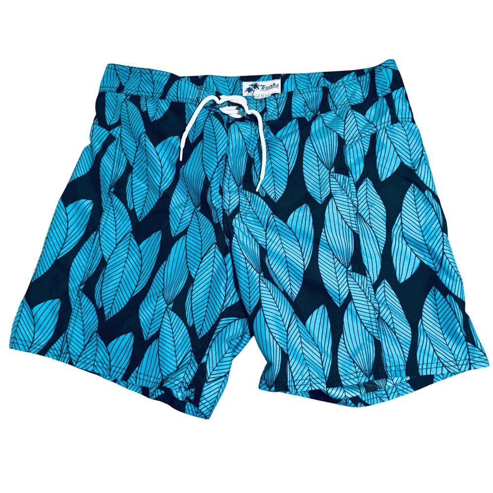 Trunks Surf & Swim Co.‎ Size 38 Men Swim Shorts Lined Blue Black Leaves Ocean